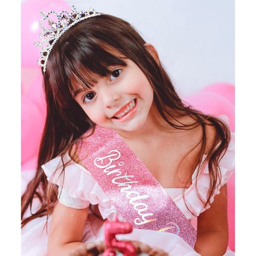 Chanaco Birthday Princess Sash, Tiara and Headband Set - Pink Girl's Party Decorations
