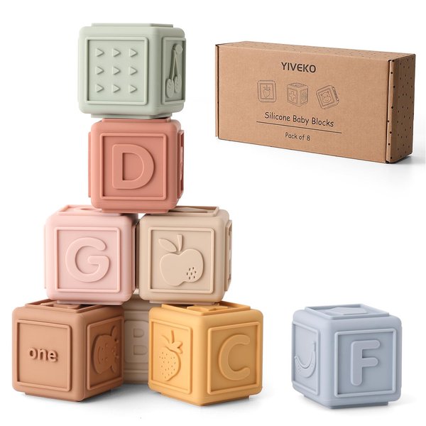 YIVEKO Baby Blocks Toys Stacking for Babies Silicone Soft Building Blocks Teethers Toys Montessori Toys for Babies Education Toys for Toddler Baby 8 PCS-Gentle