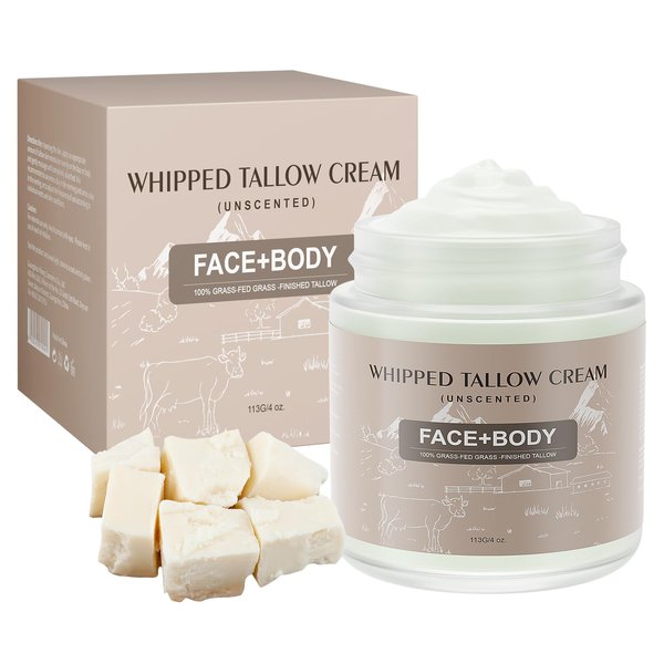 Ofanyia Beef Tallow for Skin, Whipped Tallow Cream for Sensitive Skin, Tallow Face Moisturizer for Repairing Damaged Dry Skin, Natural Beef Tallow Grass Fed Lotion for Skin Care, 4 oz (UNSCENTED)