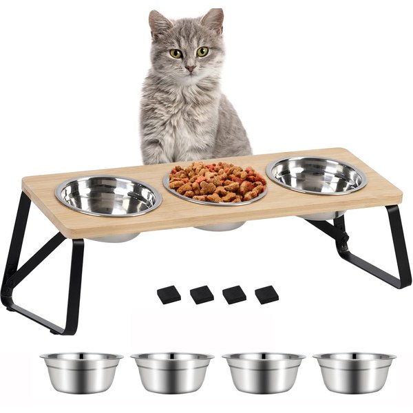 handrong Foldable Pet Bowls for Cats and Small Dogs Elevated Cat Bowls Raised Cat Food Bowls Bamboo Feeding Bowls Pet Feeder with Stand 4 Stainless Steel Bowls for Cats Puppy Dogs