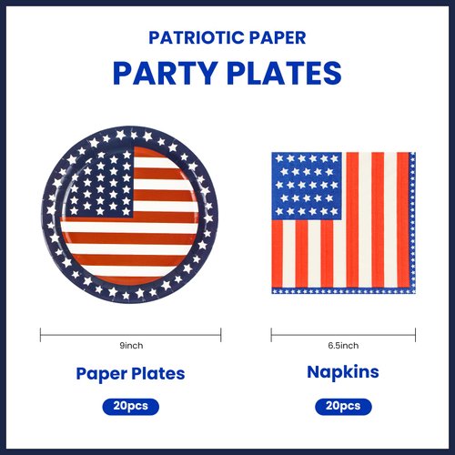 40PCS American Flag Paper Plates and Napkins Party Supplies, Disposable Patriotic Party Plates and Napkins Tableware Set for Memorial Day 4th of July Independence Day Decorations Serves 20 Guests