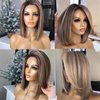 SuperDen Side Part Ash Blonde Highlight Short Bob Wigs Synthesis Straight Wigs Without Bangs for Daily Party (Ash Brown)