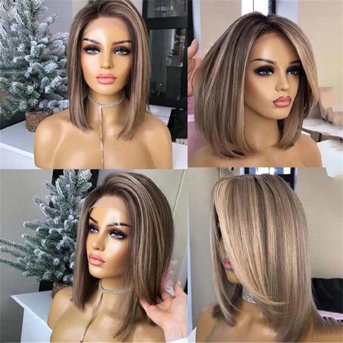 SuperDen Side Part Ash Blonde Highlight Short Bob Wigs Synthesis Straight Wigs Without Bangs for Daily Party (Ash Brown)