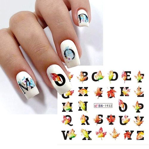 Thanksgiving Fall Nail Stickers Autumn Leaves Nail Art Water Decals Transfer Foils for Nails Supplies Watermark Yellow Maple Alphabet Flower Designs for Women Nail Tattoos Manicure Decorations 12PCS