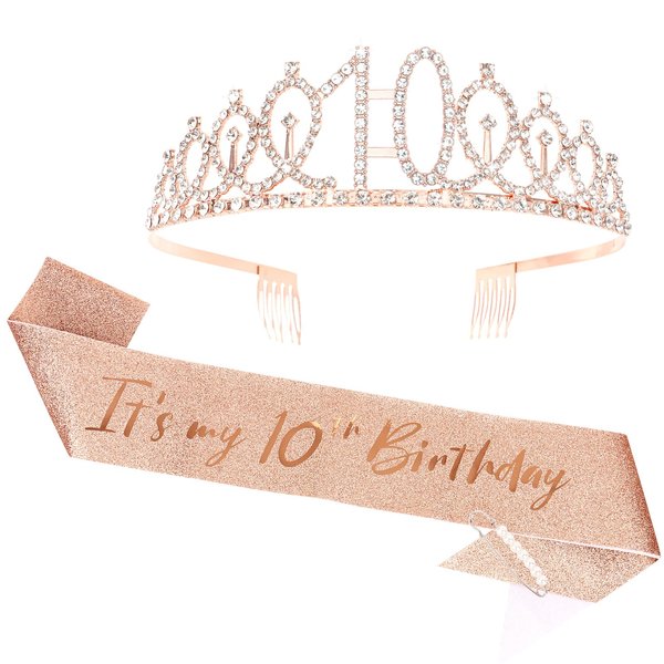 Rose Gold 10th Birthday Sash and Tiara for Girls, 10th Birthday Decorations for Girls, 10th Birthday Crown and Sash Set, Happy 10th Birthday Decorations, 10th Birthday Gifts for Girls