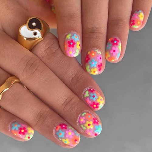 AZTSYT 24Pcs Short Press on Nails Square Fake Nails Glossy Acrylic Nails Colorful Flower Designs Full Cover False Nails with Nail Glue Cute Artificial Glue on Nails Spring Nail Decorations for Women