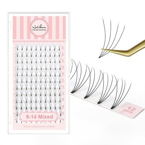 NATUHANA Premade Fan Eyelash Extension 4D Short Stem 0.07mm D Curl 8-14mm Mixed Tray Russian Volume Lash Pre made Fan False Lashes Short Root Lash Supplies Lash Extensions (8-14 MIX, 4D black;0.07 D)
