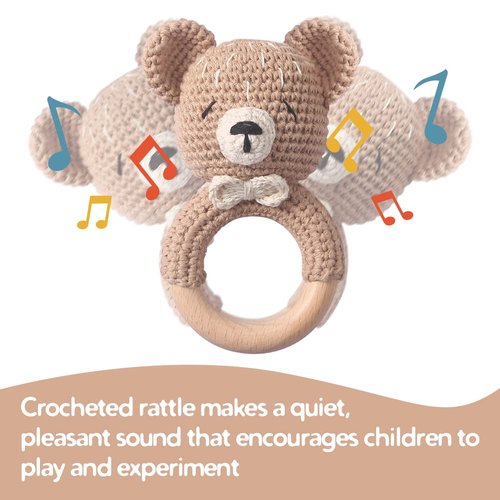 WOODEN TEETHER Crochet Baby Rattle, Crochet Baby Toys, Organic Wooden Newborn Toys, Newborn Animal Rattle Toys，Knitted Stuffed Animals Gifts for Baby, Kahki Bear