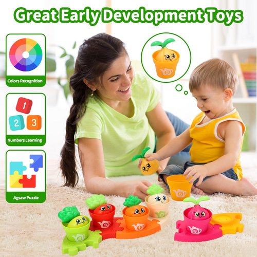 MOONTOY Baby Montessori Stacking Toys Learning Toys for 1 + Year Old 18pcs Plant Flower Pots & Puzzles Set, Color Sorting Toys for Toddlers 1-3, Birthday Gifts for 2 Year Old Girls Boys