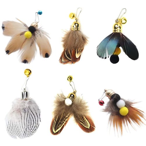 Hokoad Cat Insect Feather Toys Replacement Cat Toy Wand Refills, 6 Pieces Natural Insect Cat Toy Feathers Refill, Interactive Cat Teaser Wand Attachments, with Bell