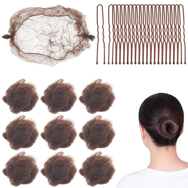 10 Pcs Brown Hair Nets Invisible with 20 Pcs U Shaped Pins, 20 Inch Individual Package Elastic Hair Mesh Nets + 2.4” U Shaped Pins Set for Hair Bun Making Ballet Dancer Kitchen Food Service Workers