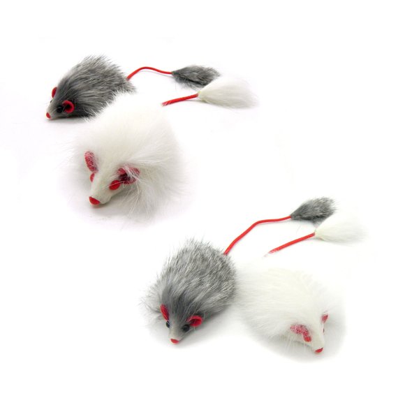 Kats'N Us Real Rabbit Fur Long Hair Mouse with Elastic Tail Cat Toy - 4pk