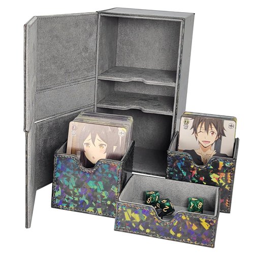 Dmoicols Card Deck Box for 200+ Sleeved Cards, Laser Leather Trading Card Storage Case with 1 Dice Tray & 2 Card Trays Commander Deck Box fit YuGiOh/TCG/MTG/Magic/CCG(3 Drawers Sparkly Black Piece)