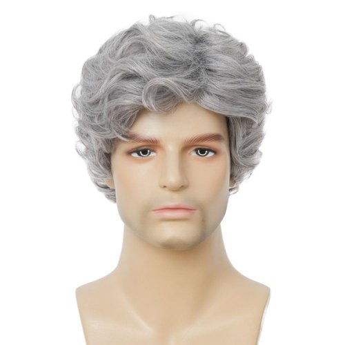 Dai Cloud Grey Short Curly Wigs for Men Natural Fluffy Synthetic Layered Daily Hair for Male Wig Cap