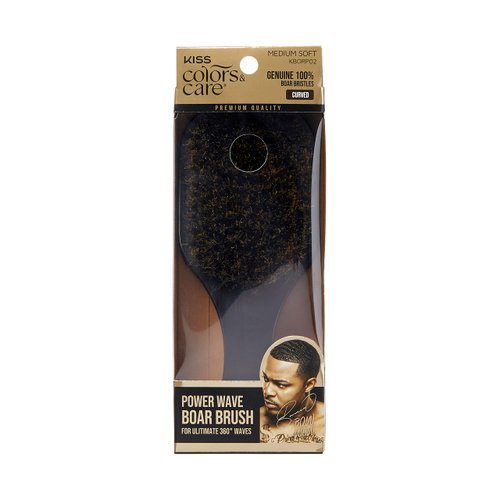 KISS COLORS & CARE 360° Power Wave Palm Brush - Medium Soft, Curved Handle, High-Density Boar Bristles for Deep Waves, Shed-Free Grip