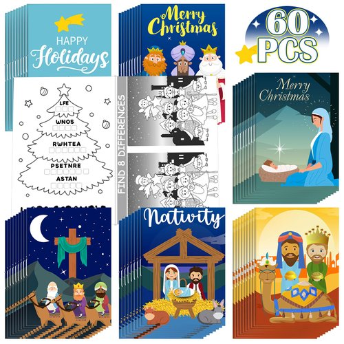 Qeeenar 60 Pcs Christmas Nativity Mini Activity Books for Kids Christian Bible Activity Books Bulk Kids Christmas Nativity Books Religious Prizes for Christmas Party Sunday School Church Bag Filler