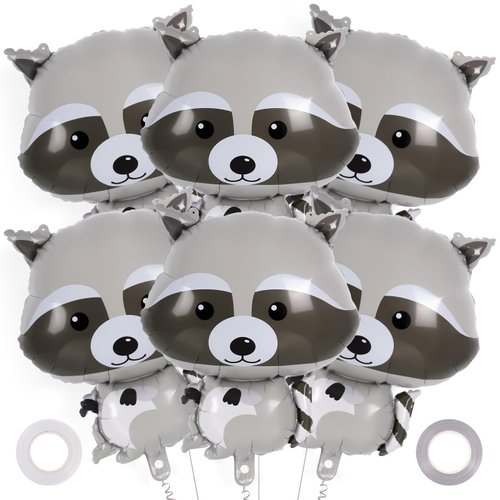 Raccoon Balloons, 6 Pcs Cute Raccoon Foil Balloons, Cartoon Myalr Raccoon Balloons for Woodland Animal Themed Party Camping Birthday Baby Shower