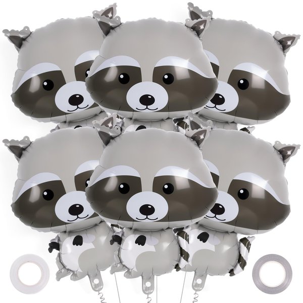 Raccoon Balloons, 6 Pcs Cute Raccoon Foil Balloons, Cartoon Myalr Raccoon Balloons for Woodland Animal Themed Party Camping Birthday Baby Shower
