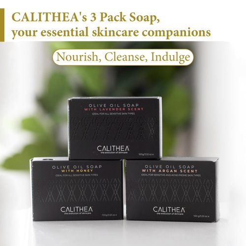 Calithea Natural Soap Bars (Pack of 3) - Bath Soap Set - Olive Oil Soap with Lavender, Olive Oil Soap with Argan Oil, Olive Oil Soap Bar with Honey - Shower Bars for Men & Women