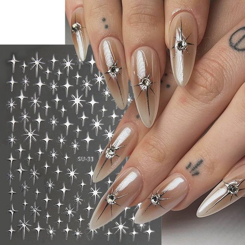 8Sheets Star Nail Art Stickers for Gel Nails 3D Self-Adhesive Nail Supplies Glitter Star Nail Sticker with Nail Design Shiny Gold Silver Stars French Tip Nail Stickers for Women Nail Art Decorations
