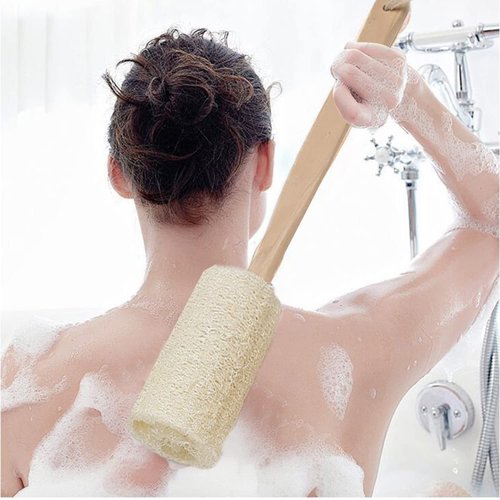 100% Natural Exfoliating Loofah Back Sponge Scrubber with Long Wooden Handle Stick Holder Body Shower Bath Spa Pack of 2 Luffa Loofa