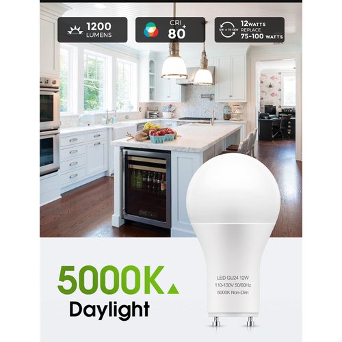 LOHAS GU24 Base LED Light Bulb, 1200Lumen, 12Watt (75W-100W Equivalent) 5000K Daylight White A19 Shape for Ceiling Fan, Twist Lock GU24 LED Light Bulbs for Home Lighting, Non-Dimmable, 4-Pack
