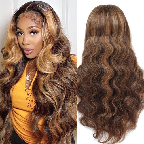 Yllies Honey Blonde Highlight Ombre Middle Part Lace Front Wigs Human Hair T Part HD Transparent Lace Body Wave Wigs 180% Density Brazilian Human Hair 4/27 Colored Glueless Wigs for Women(18 Inch)