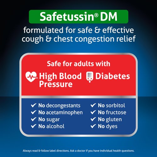 Safetussin DM Cough + Chest Congestion, Safe for Adults with High Blood Pressure & Diabetes, 8 oz