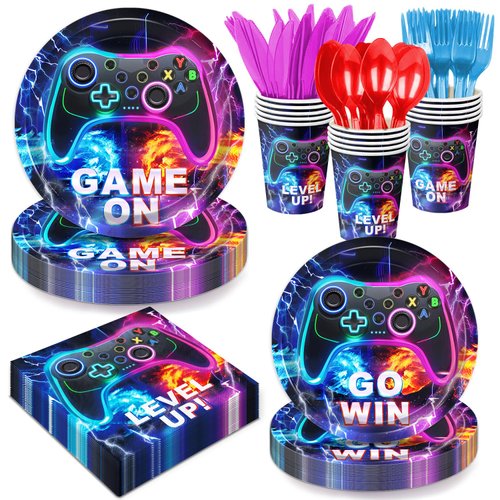 QIYANPAX 168 PCS Video Game Party Decorations Game Party Supplies Includes Plates, Napkins, Cups,...
