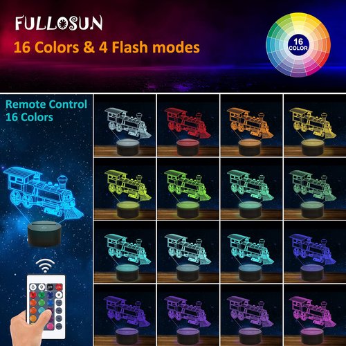 FULLOSUN Train Night Light, 3D Illusion Lamp for Kids, 16 Colors Changing with Remote Control Dim Function, Creative Birthday Xmas Gifts for Kids Boys Bedroom Decor