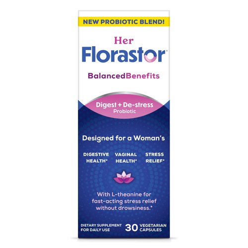Florastor Her Digest and De-Stress Women's Probiotic and Stress Relief Supplement, Probiotics for Digestive Health, Vaginal Probiotics, and L-Theanine for Mind and Body Wellness, 30 Capsules