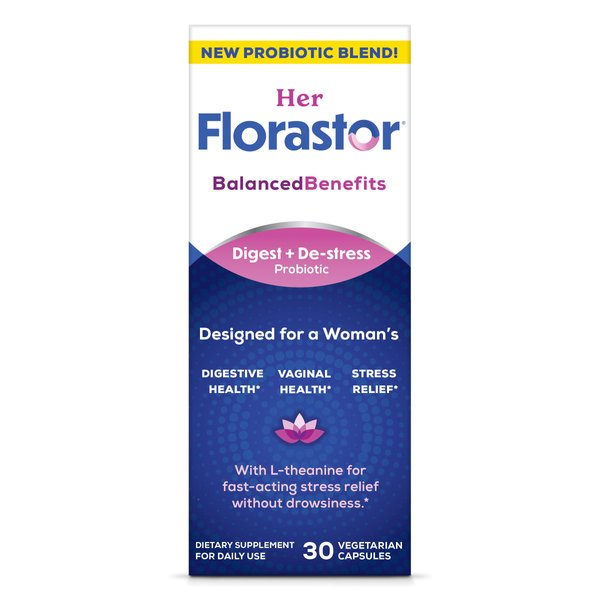 Florastor Her Digest and De-Stress Women's Probiotic and Stress Relief Supplement, Probiotics for Digestive Health, Vaginal Probiotics, and L-Theanine for Mind and Body Wellness, 30 Capsules