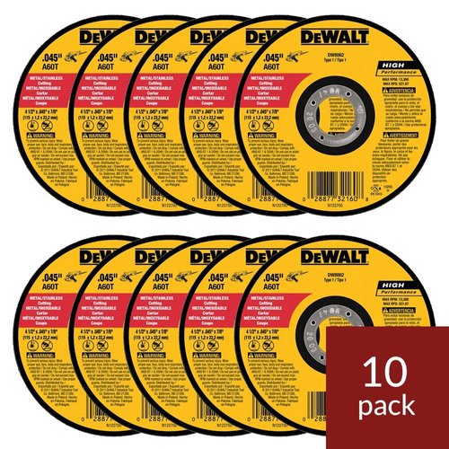 DEWALT - DW8062 - 10,PK DW8062 4-1/2"x.045"x7/8" Metal Angle Grinder Thin Cutoff Wheel, 10 Pack, (Model: DW8062-10,PK)