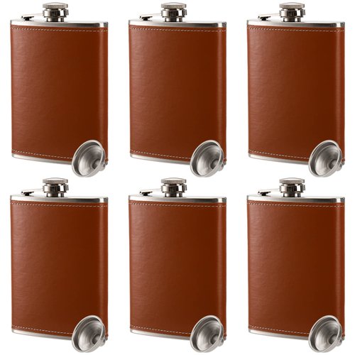 Suwimut 6 Pack Flask for Liquor and Funnel, 8 oz Leak Proof 18/8 Stainless Steel Pocket Hip Flask with Brown Leather Cover for Men Women Drinking of Alcohol, Whiskey, Rum and Vodka