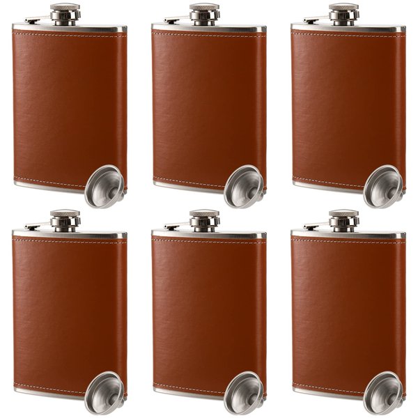 Suwimut 6 Pack Flask for Liquor and Funnel, 8 oz Leak Proof 18/8 Stainless Steel Pocket Hip Flask with Brown Leather Cover for Men Women Drinking of Alcohol, Whiskey, Rum and Vodka