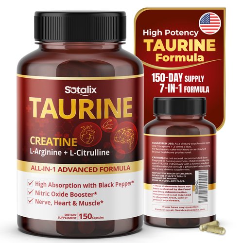 Taurine 14,400mg with Creatine, L-Arginine, L-Citrulline High Absorption with Black Pepper Nitric Oxide Booster, Muscle USA Made & Tested (150 Count (Pack of 1))