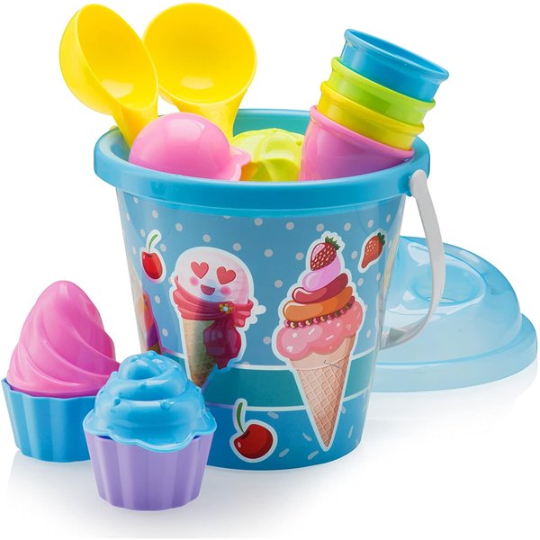 Top Race Kids Beach Toys Set with Bucket Pail and Spade Scoop - 16pcs Ice Cream Blue Sand Playset for Kids & Toddlers Ages 1.5,2,3,4,5,6,7,8,9