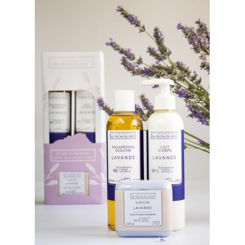 Lavender Coffret Gift-Box Set with Body Shower-Gel, Body Milk and Soap Bar with Lavandin Essential Oil Hydrating and Nourishing Lotion Skin Care Natural Ingredients All Types of Skin