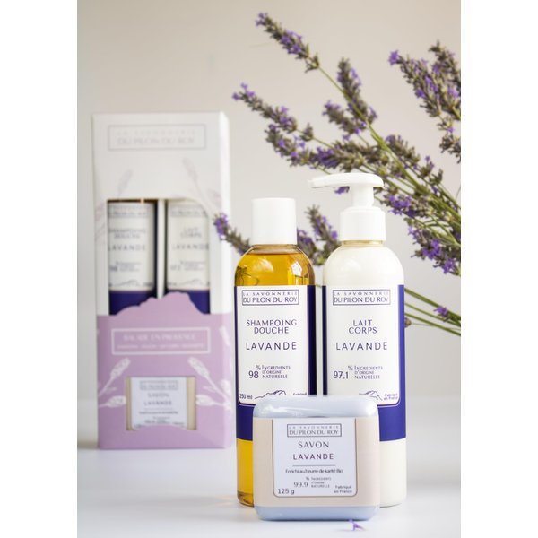 Lavender Coffret Gift-Box Set with Body Shower-Gel, Body Milk and Soap Bar with Lavandin Essential Oil Hydrating and Nourishing Lotion Skin Care Natural Ingredients All Types of Skin