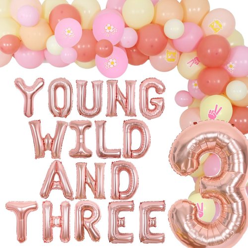 JOYMEMO Groovy 3rd Birthday Party Decorations, Young Wild and Three Daisy Flower Balloons Garland Kit, Groovy Retro Boho Girls Third Birthday Party Supplies