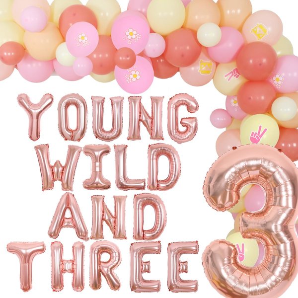 JOYMEMO Groovy 3rd Birthday Party Decorations, Young Wild and Three Daisy Flower Balloons Garland Kit, Groovy Retro Boho Girls Third Birthday Party Supplies