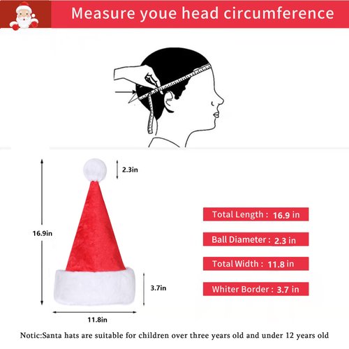 Eoocan Santa Hat, Santa Hat for Kids, Unisex Velvet Comfort White Christmas Hats Extra Thicken Classic Plush for Christmas New Year Festive Holiday Party Supplies