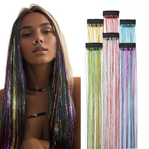 Glitter Mix Colors Hair Extensions Festival Party Highlights Clip in Hair Sparkling Tinsel Hairpieces Straight Hair 24 Inches of Handmade Suitable for DIY Women Kids Girls (mix01)