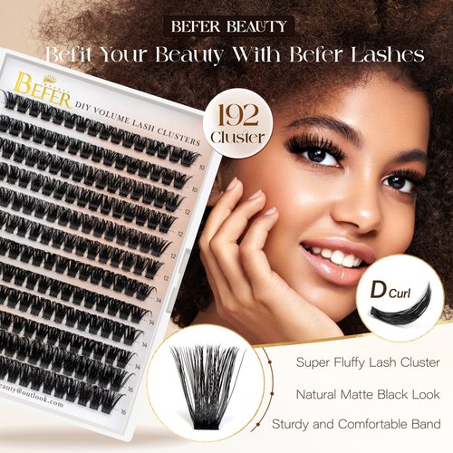 BEFER Lash Clusters, 192 Pcs D Curl Eyelash Clusters 3D Fluffy Volume Individual Lashes Extensions 10-16MM Cluster Eyelash Wispy Cluster Lashes DIY At Home(100P)