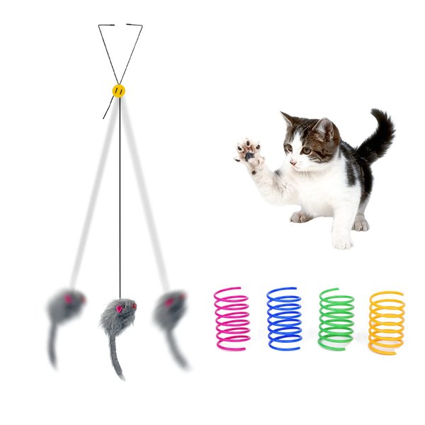 Andiker 5Pcs Interactive Cat Toys for Indoor Cats, Triangular Hook Door Frame Cat Toy with The Adjustable Elastic Rope Cat Mouse Toy and 4pcs Cats Springs Self-Playing Cat Catching Toys (Hang)