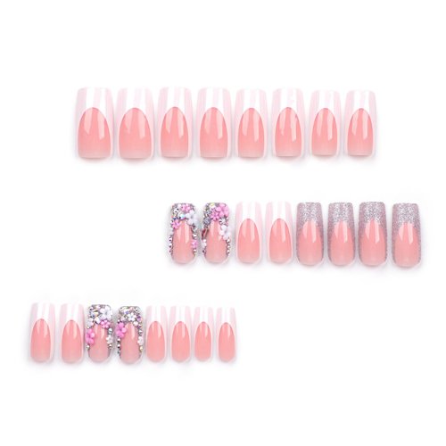 LPOODDNU Square French Tip Press on Nails Long Fake Nails with 3D Flowers and Rhinestones Designs White French False Nail Tips Long Square Acrylic Nails Full Cover Exquisite Design Glue on Nails