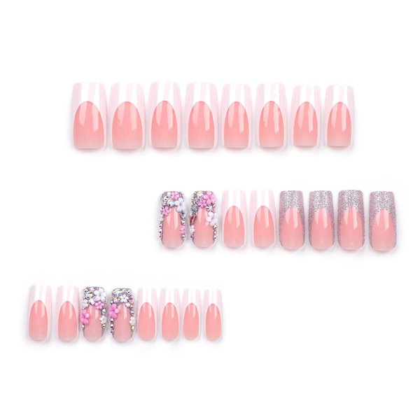 LPOODDNU Square French Tip Press on Nails Long Fake Nails with 3D Flowers and Rhinestones Designs White French False Nail Tips Long Square Acrylic Nails Full Cover Exquisite Design Glue on Nails