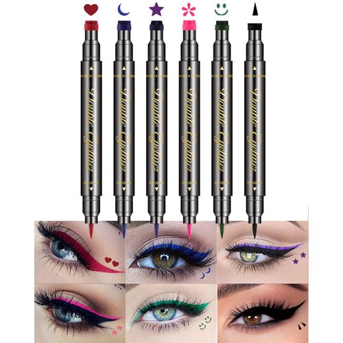 Jutqut 6 PCS Double-Head Liquid Stamp Eyeliner, Colored 6 in 1 Stars Flowers Hearts Moon Smiley Face Triangle Stamps Makeup Stamp Set, Waterproof Slim Gel Felt Tip Liquid Eyeliner, Halloween Makeup