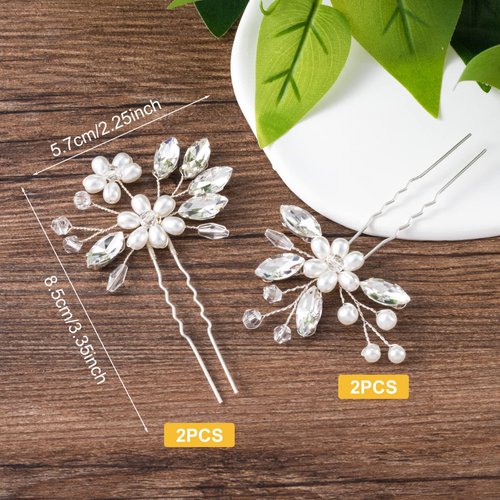 OIIKI 4PCS Wedding Pearl Flower Hair Clips, Bridal Rhinestone Pearl Hair Pins, U Shape Wedding Hair Accessories for Brides, Women, Girls - Silver (2 styles)