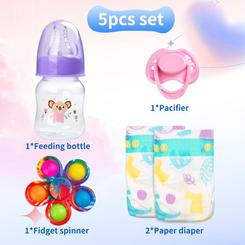 Reborn Baby Dolls Bottles and Pacifiers and Dipers and Fidget Spinner Baby Doll Accessories 5 Pieces Set for 17-24 Newborn Baby Dolls